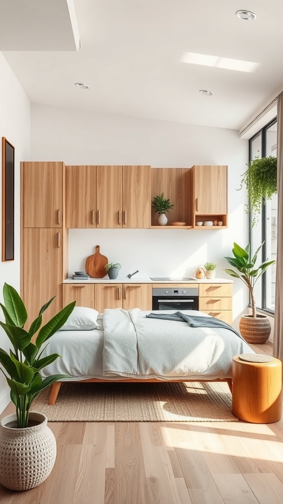 Cozy apartment kitchen with wooden cabinets and indoor plants