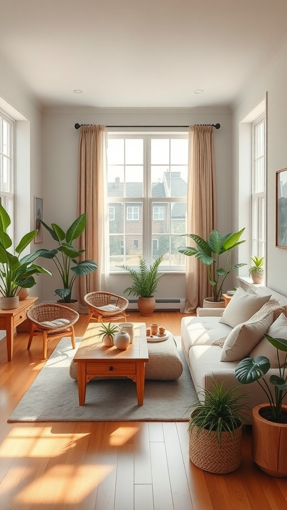 A cozy living room with plants, wooden furniture, and sunlight streaming through large windows.