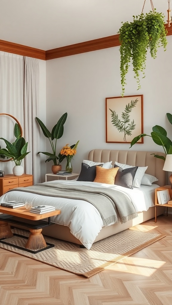 A cozy glam room featuring a bed with decorative pillows, a wooden coffee table, and various indoor plants.