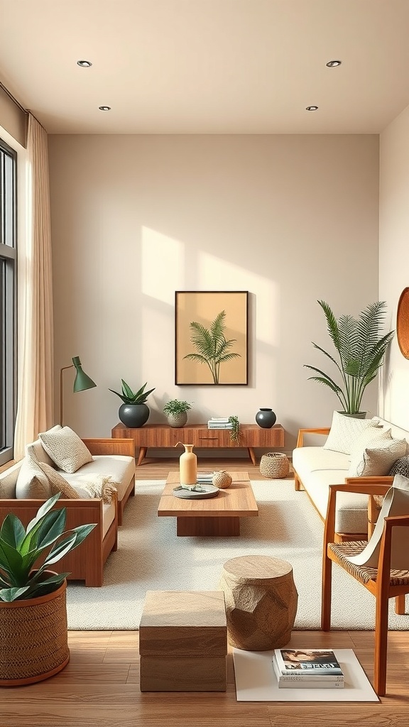 A cozy beige living room with wooden furniture and various plants