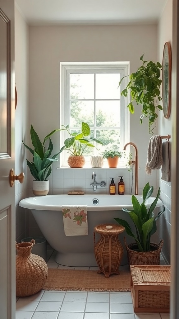 A cozy, tiny bathroom with plants, a bathtub, and natural elements.