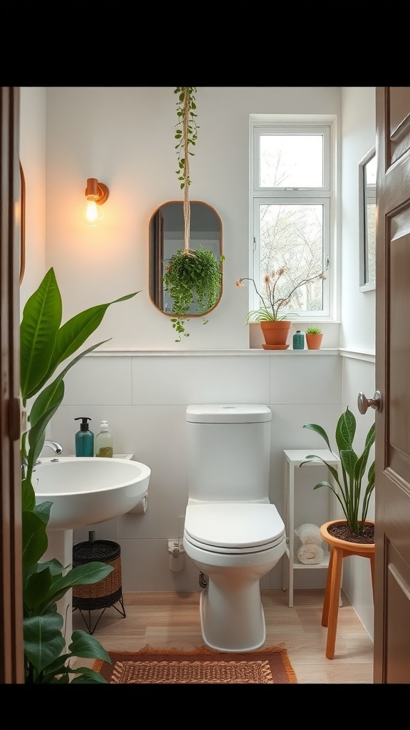 Tiny half bathroom with plants and natural elements
