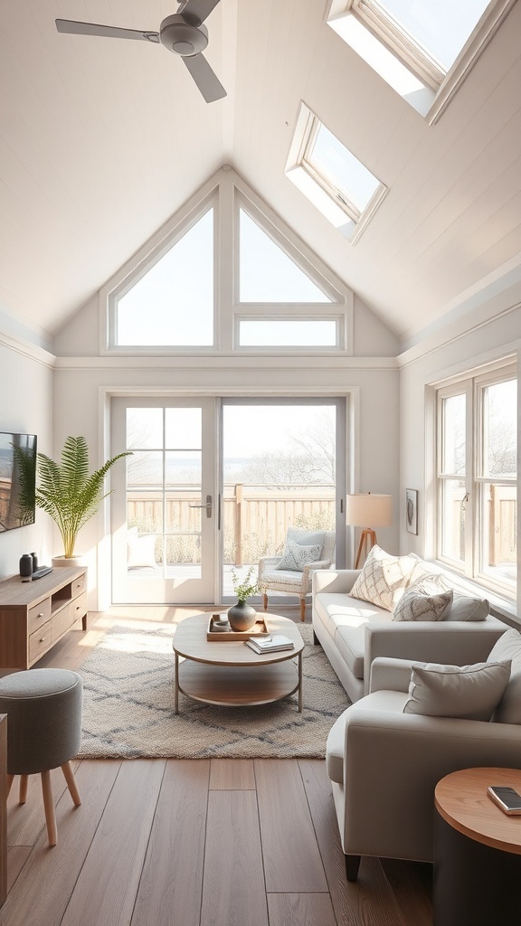 Bright and airy interior of a tiny beach house with natural light pouring in through large windows and skylights.
