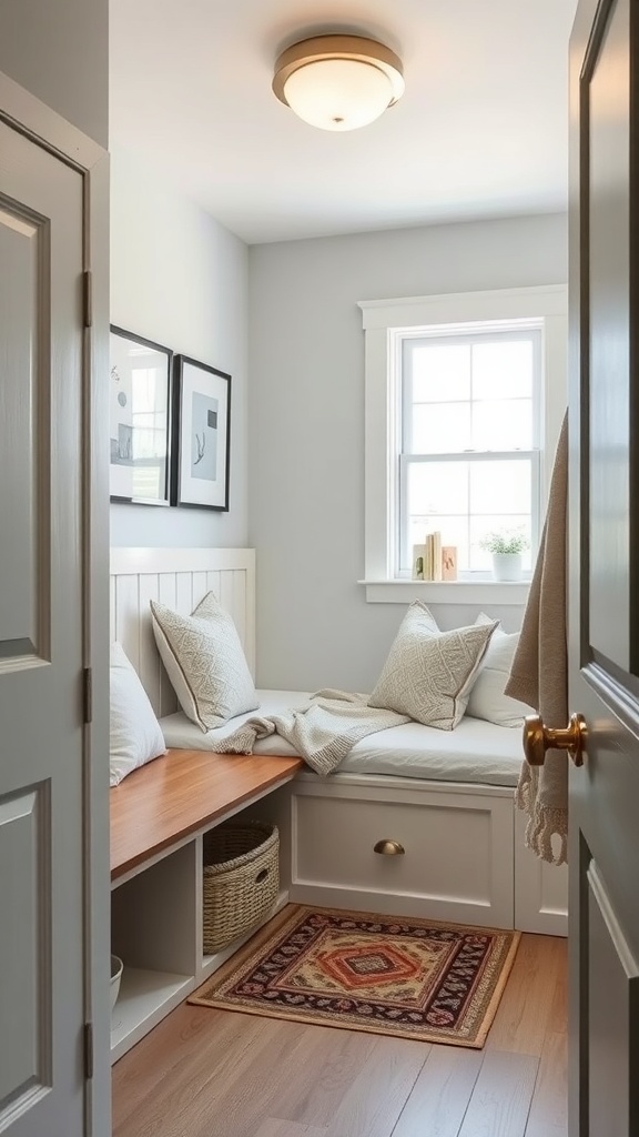 A small mudroom with a window, cozy bench, and light colors