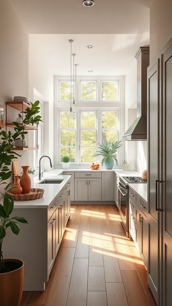 A narrow kitchen featuring large windows, wooden flooring, and potted plants, capturing natural light.