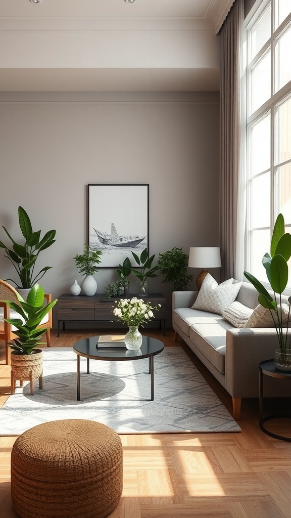 Cozy living space with abundant houseplants and natural light.
