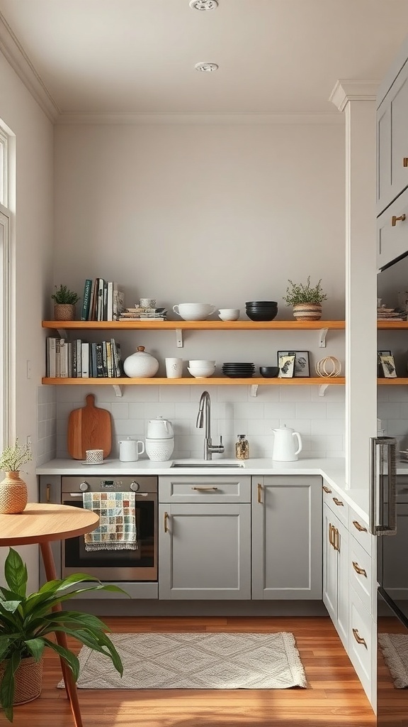 A cozy small kitchen featuring open wooden shelving with various kitchen items, potted plants, and a stylish layout.