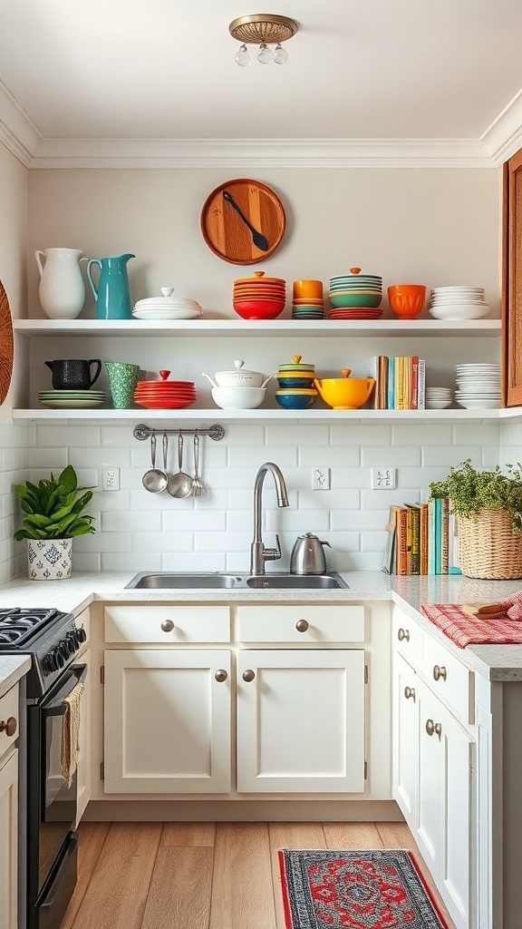 A cozy cottage kitchen with open shelving displaying colorful dishes, plants, and cookbooks.