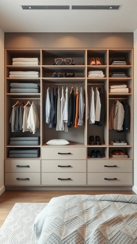 A modern wardrobe design featuring open shelving, neatly arranged clothes, and accessories.
