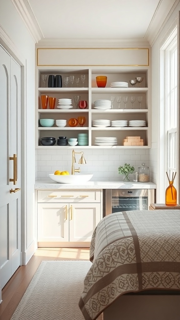 A stylish butler's pantry featuring open shelving with colorful dishes and glassware, a sink, and a cozy atmosphere.