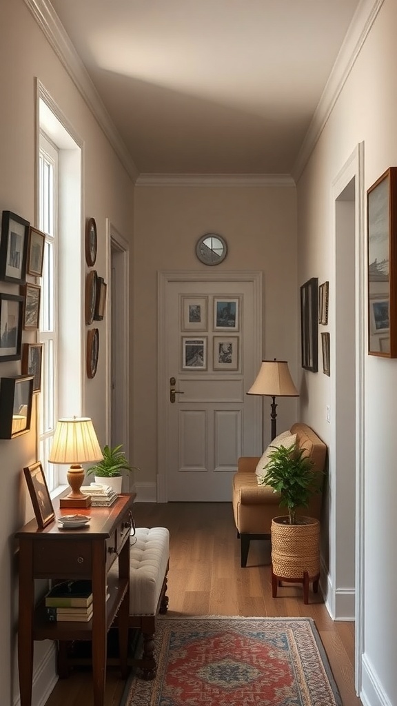 A cozy tiny hallway featuring personal memorabilia like framed photos, a lamp, and plants.