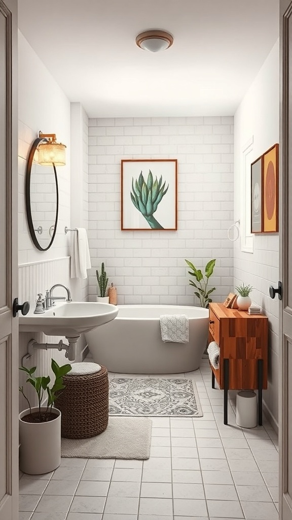 A modern tiny house bathroom with a tub, plants, and framed artwork.