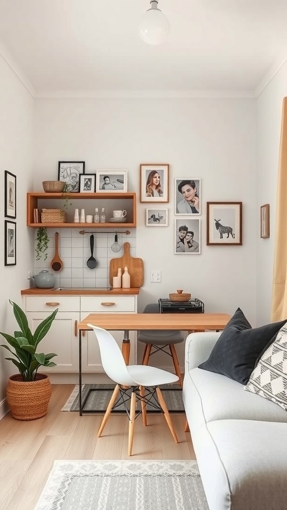 A charming tiny kitchenette featuring wood accents, personal photographs on the wall, and a cozy plant.