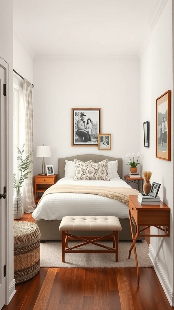 A cozy entryway with personal touches like framed photos and decorative items.