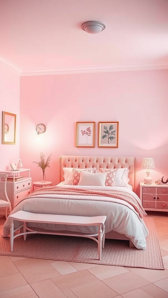A cozy pink bedroom with soft lighting, featuring a bed with white and pink bedding, a pink rug, and framed botanical art.