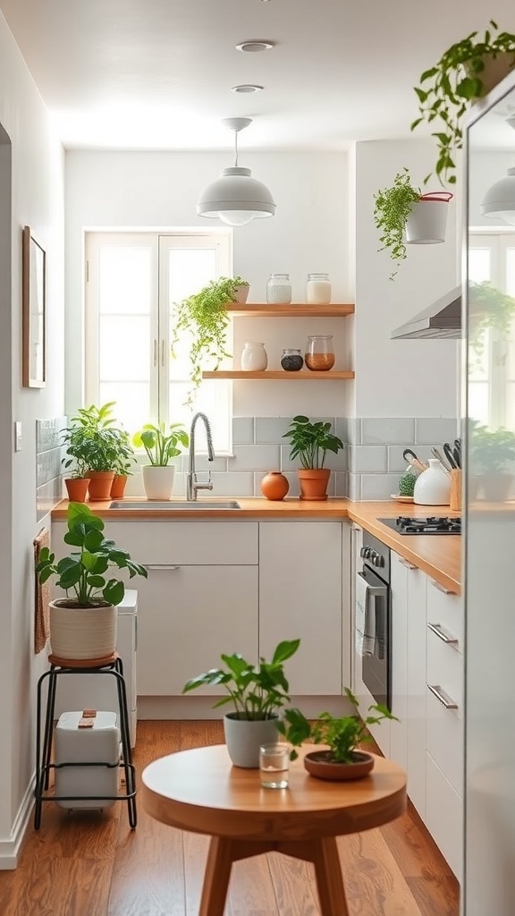 A small modern kitchen featuring various green plants on shelves and countertops, creating a lively atmosphere.