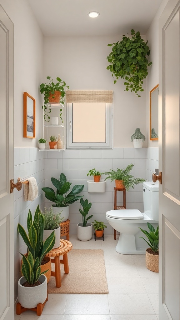 A tiny full bathroom filled with various indoor plants arranged elegantly in pots and a shelf.