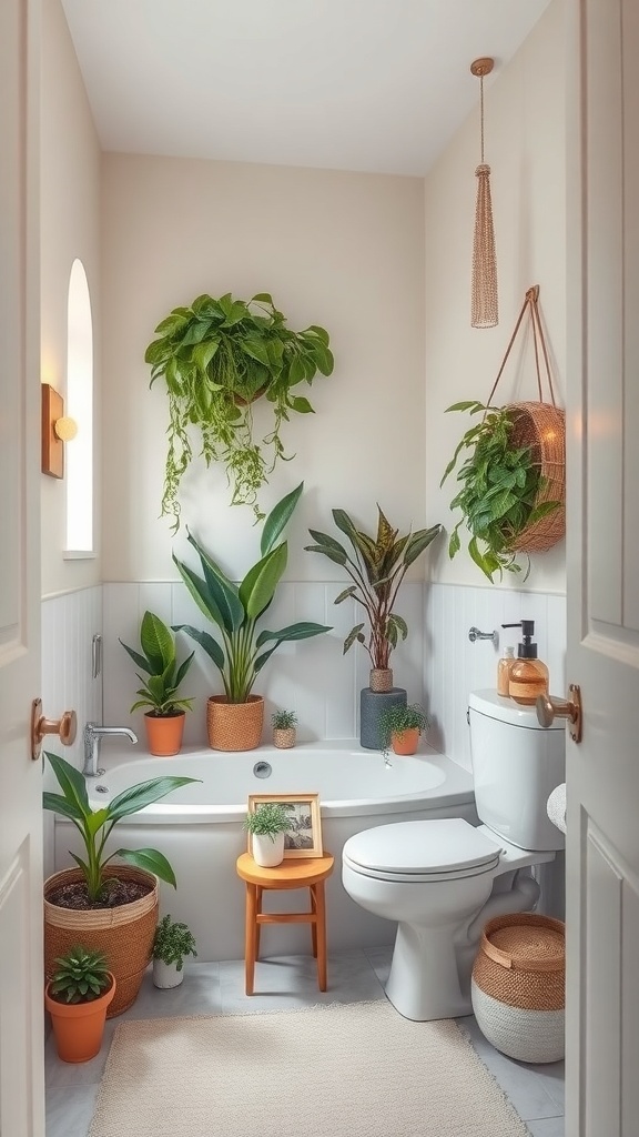 A cozy tiny house bathroom filled with potted plants, creating a spa-like atmosphere.