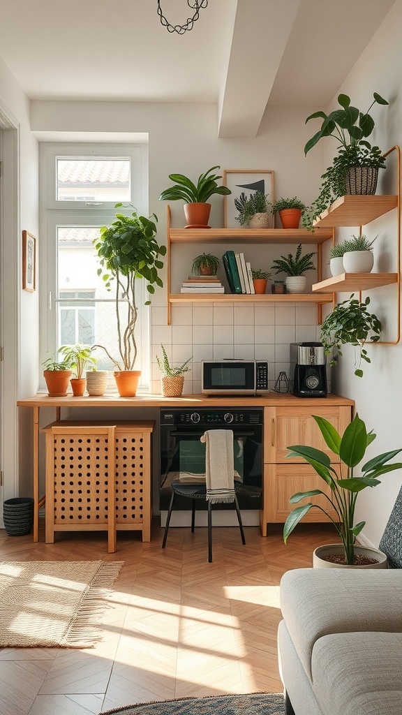 A bright kitchenette filled with various indoor plants on shelves and countertops