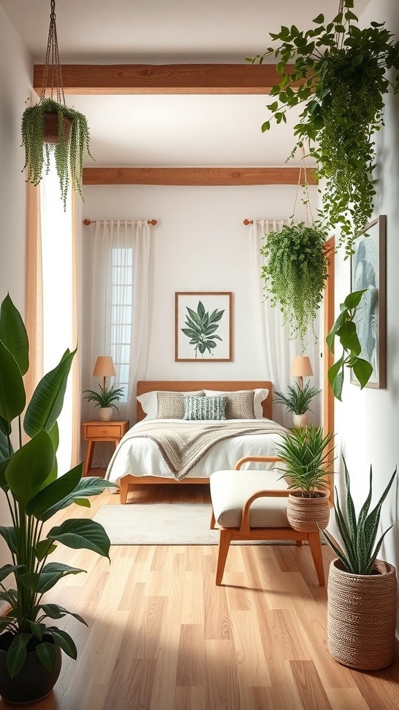 A small foyer with various plants, including hanging and potted plants, creating a fresh and inviting atmosphere.