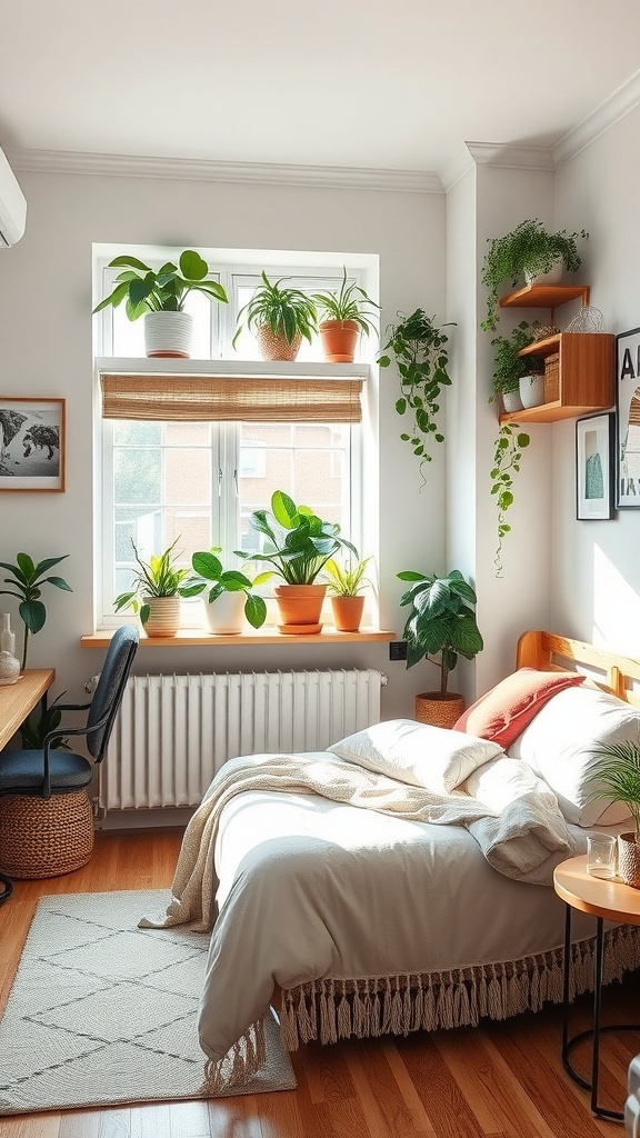 A bright and cozy tiny bedroom with numerous indoor plants on the window and shelves.