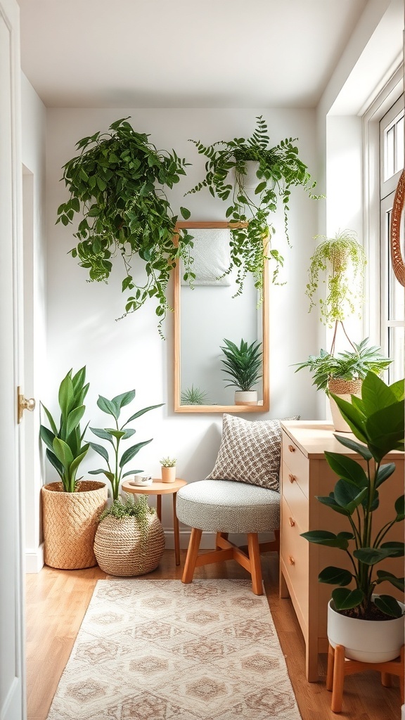 A bright and cozy small dressing room with various indoor plants, a mirror, and a comfortable chair.