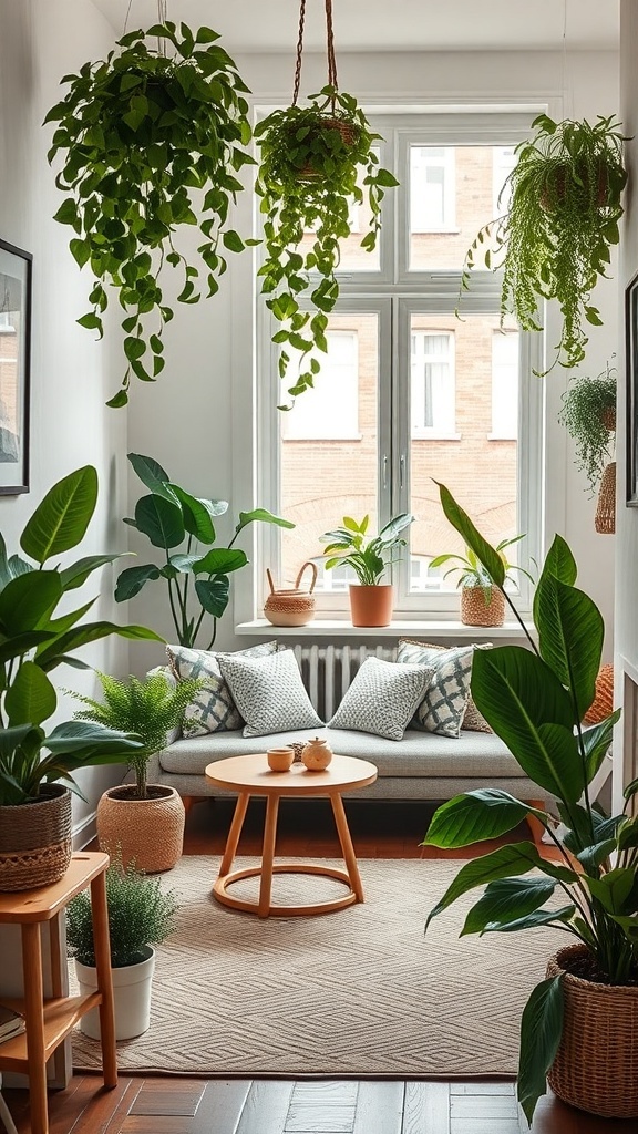 A cozy tiny room filled with various plants, featuring a comfortable sofa, a round table, and large windows letting in light.