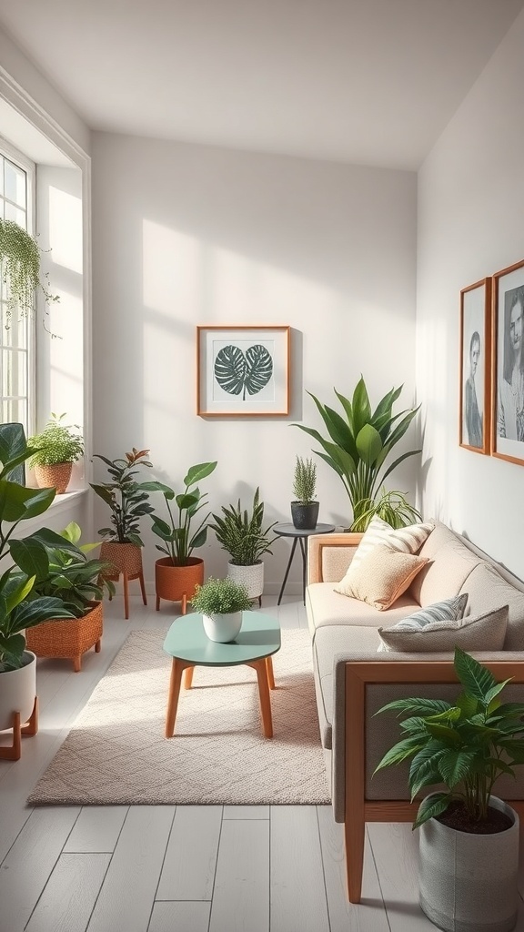 A cozy small room decorated with various indoor plants, showing a stylish couch and a bright atmosphere.