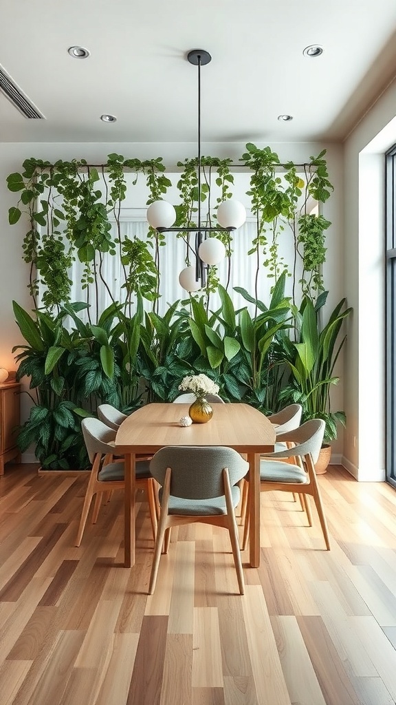 A dining area with a wooden table surrounded by stylish chairs, separated by lush green plants hanging from the ceiling.