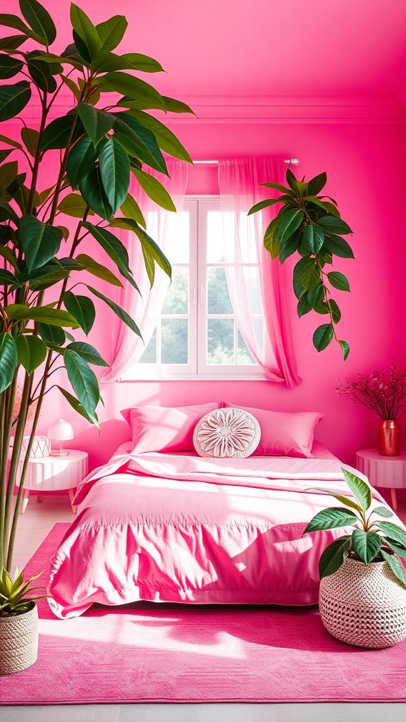 A bright pink room featuring a bed, curtains, and lush green plants in decorative pots.