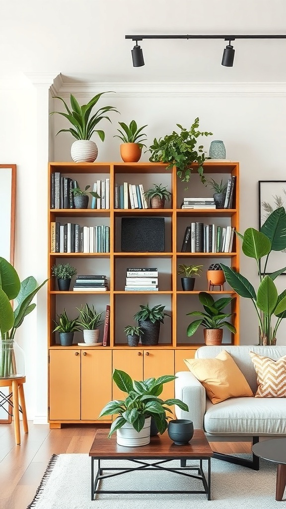A stylish bookshelf partition filled with plants and books, creating a vibrant room ambiance.