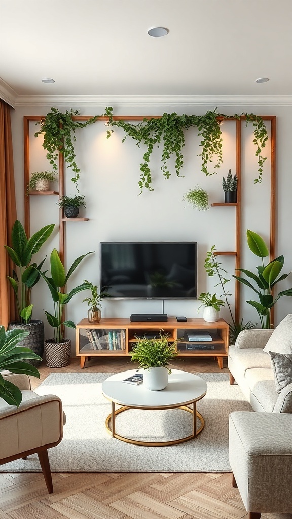 A living room partition with a TV unit featuring greenery and plants.