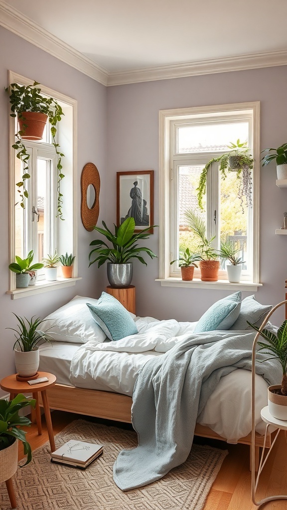 A cozy small bedroom adorned with several green plants near the windows and on furniture.