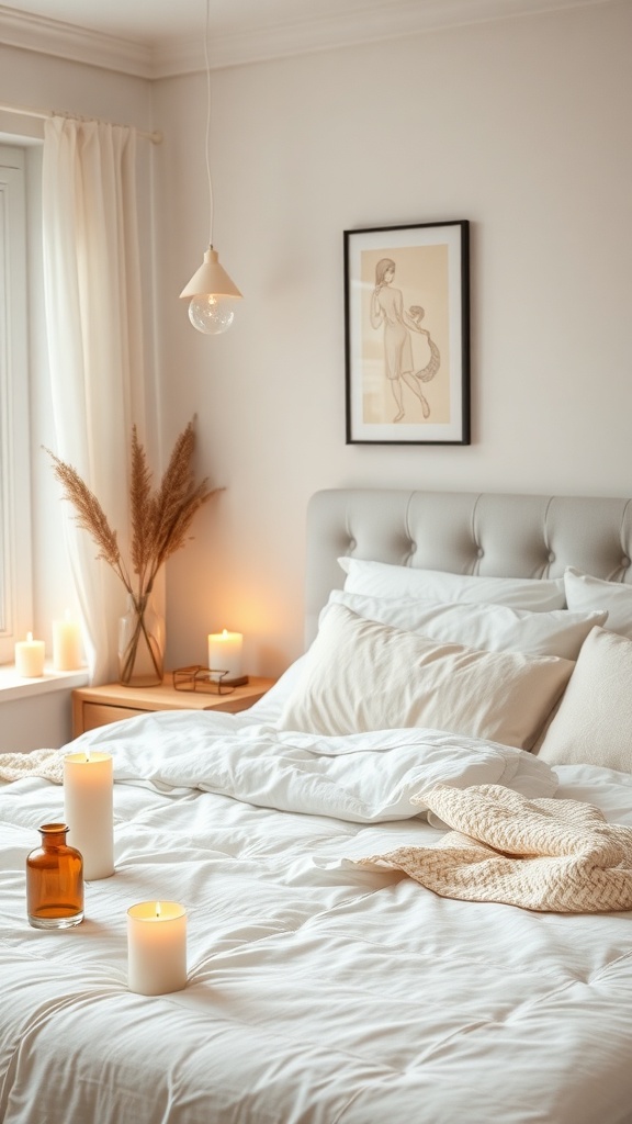 A cozy bedroom with a soft bed, candles, and warm lighting.
