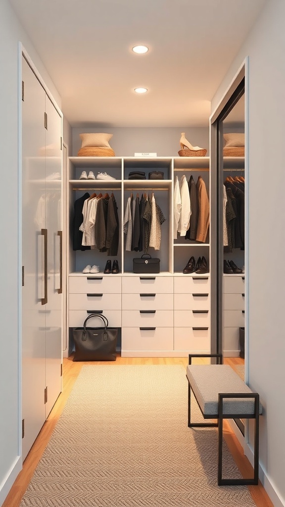 Narrow walk-in closet showcasing sliding doors, organized shelves, and smooth flooring.