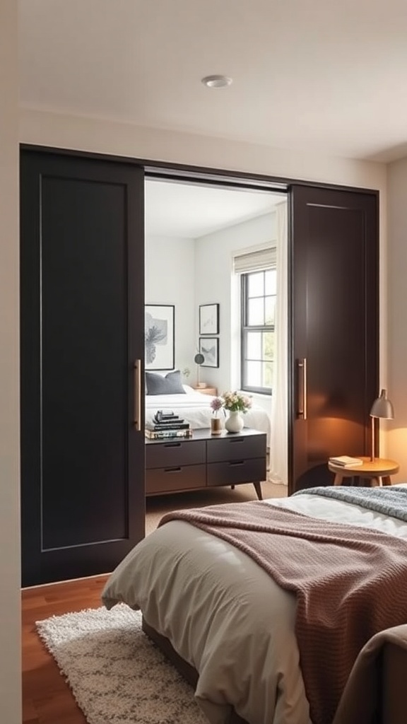 A view of a tiny bedroom featuring sleek sliding doors, enhancing the room's space and style.