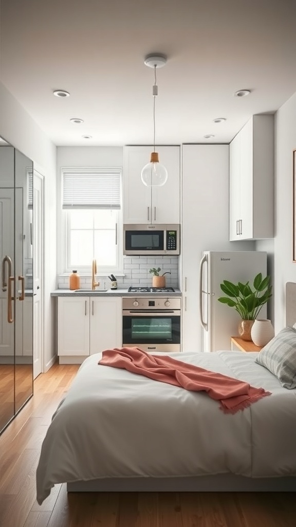 A modern apartment kitchen featuring smart appliances, including a microwave, oven, and fridge, with a cozy bedroom area.