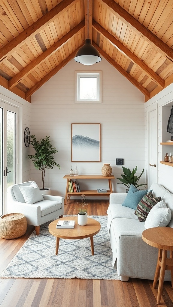 Cozy interior of a tiny house with wooden ceiling, modern furniture, and smart home features.