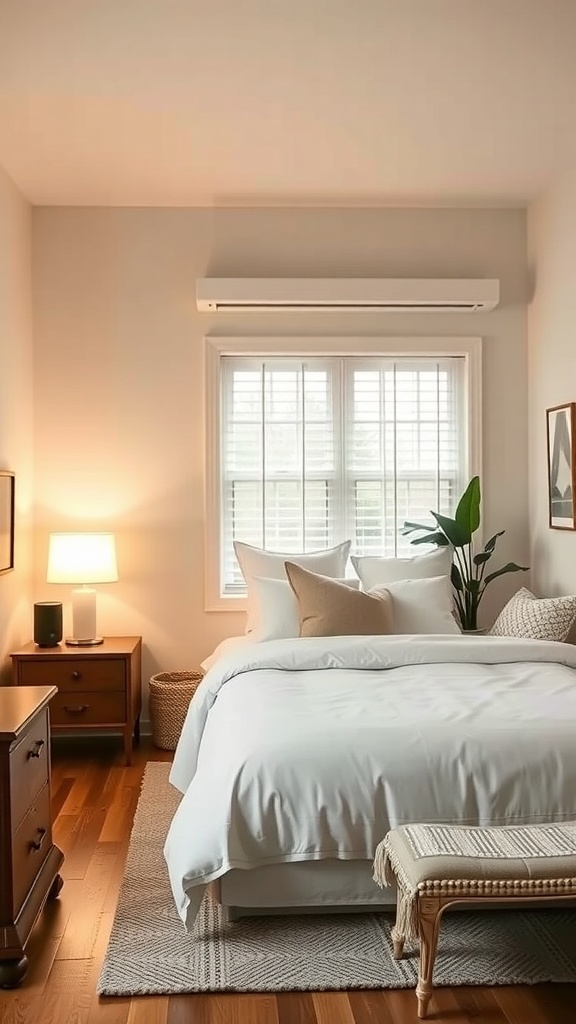A cozy small bedroom with a bed, lamp, and air conditioning unit, showcasing smart technology.