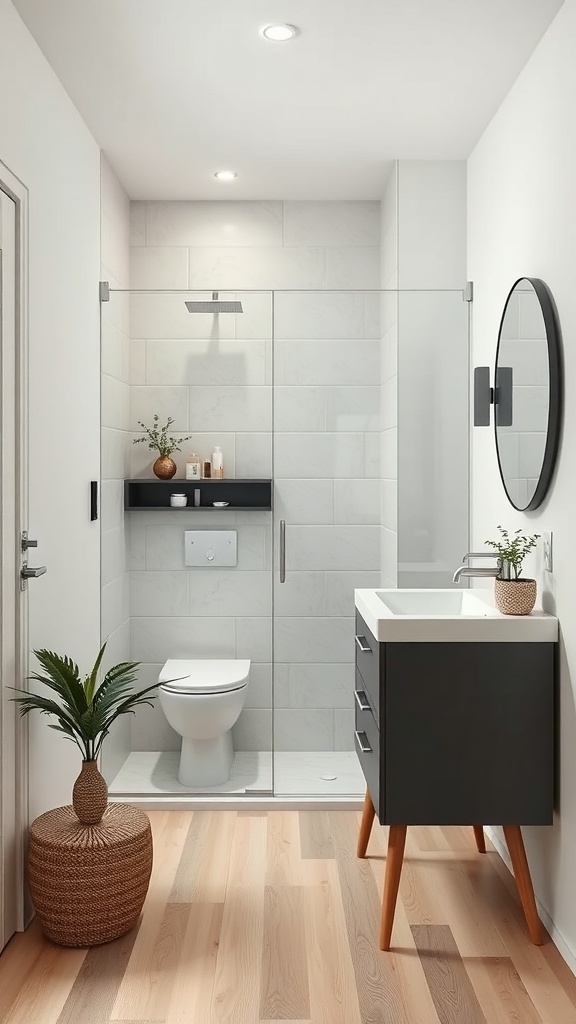 A modern tiny ensuite bathroom featuring a glass shower, sleek vanity, and plants for a refreshing touch.