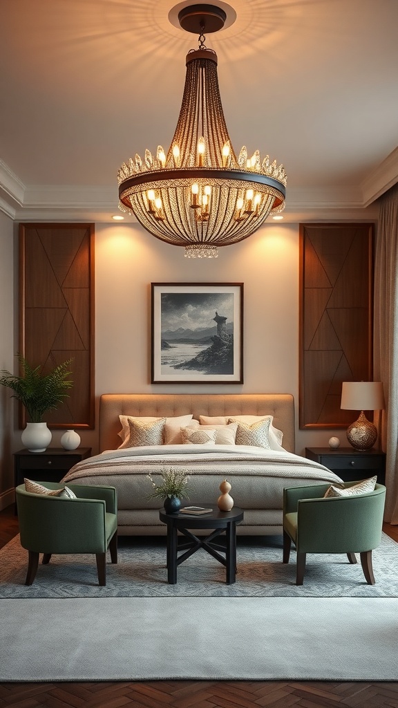 A stylish living room featuring a large chandelier, elegant furniture, and warm lighting.