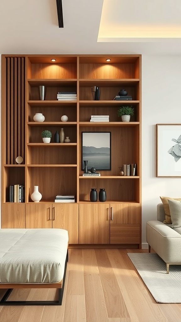 A wooden partition with open and closed storage compartments showcasing books and decorative items.