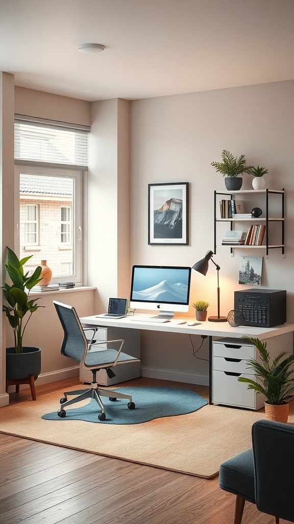 A small study room with a modern desk setup, featuring a computer, plants, and organized shelves.