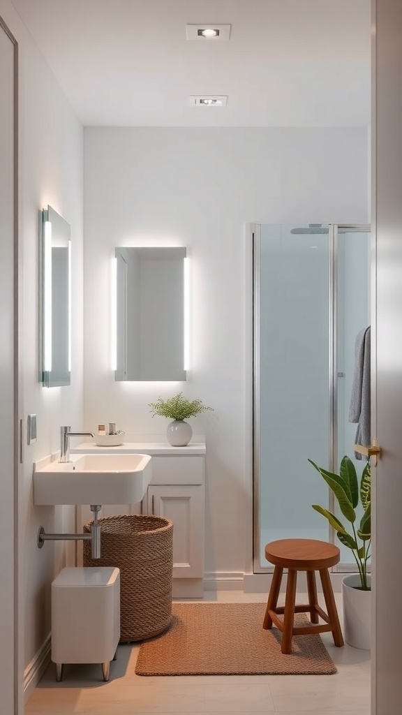 A modern tiny house bathroom featuring a sleek design, illuminated mirrors, and a minimalist aesthetic.