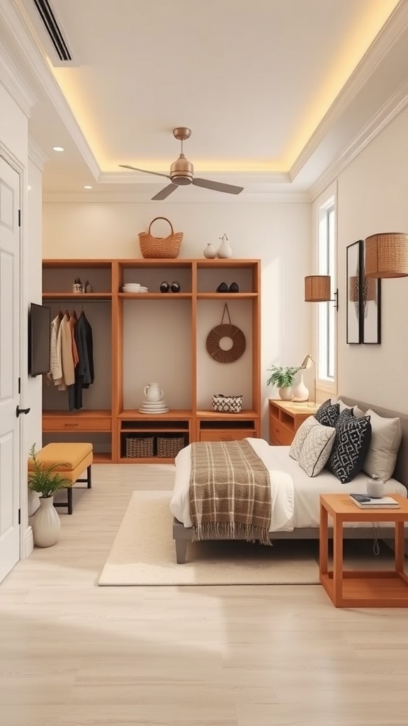 A modern mudroom featuring organized storage, a cozy atmosphere, and elements of technology.