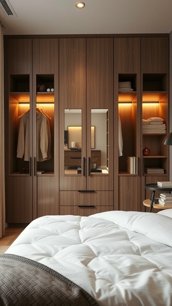A modern fitted wardrobe with wooden finish and integrated lighting, showcasing organized clothing and a mirror.