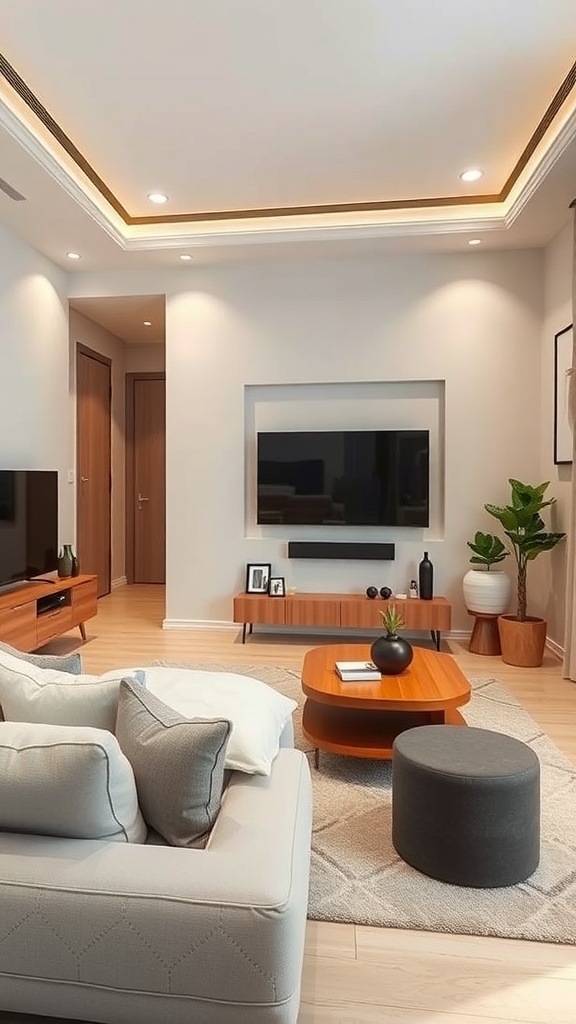 Modern living room with a TV, stylish furniture, and plants