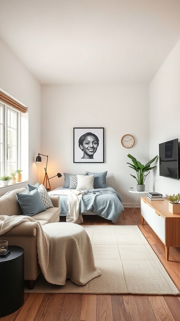 A cozy tiny bedroom with a bed, sofa, and a wall-mounted TV