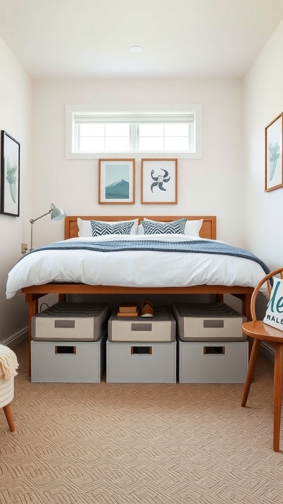 A small guest bedroom with a bed featuring under-bed storage boxes, showcasing a clean and organized design.