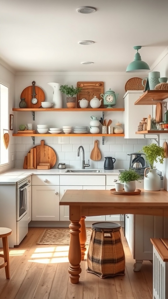 A cozy tiny farmhouse kitchen featuring vintage decor, wooden shelves, and warm lighting.